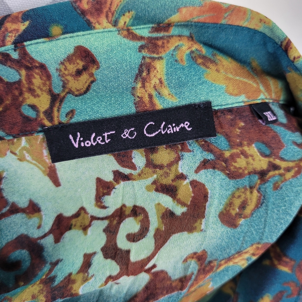 Violet & Claire Sheer Crinkle Blouse Green Teal Brown Tie at Cuffs Fringe XL - Picture 8 of 12